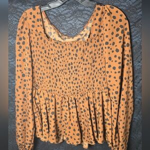 Womens Polka Dot Smocked Peplum Long-Sleeve Top
